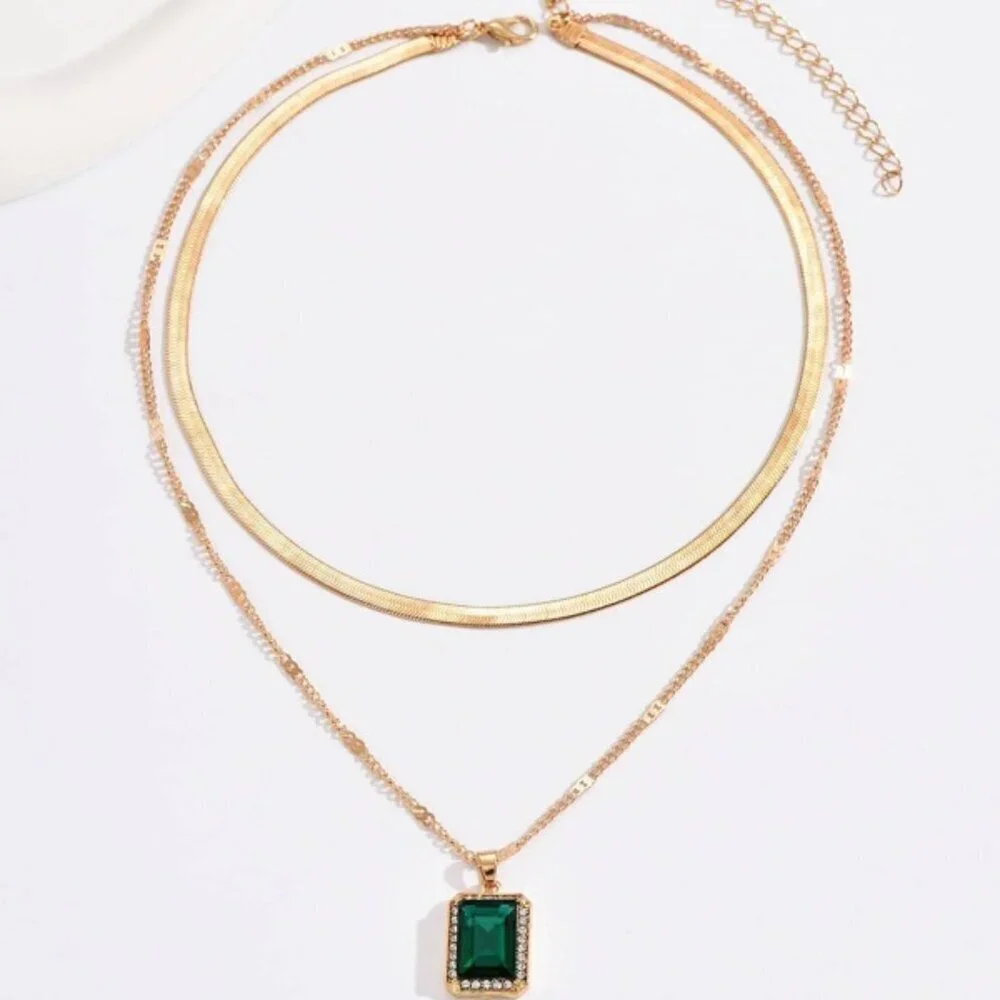 Gold Emerald-Cut Green Pendant & Herringbone Choker Necklace Set 18K Gold Filled